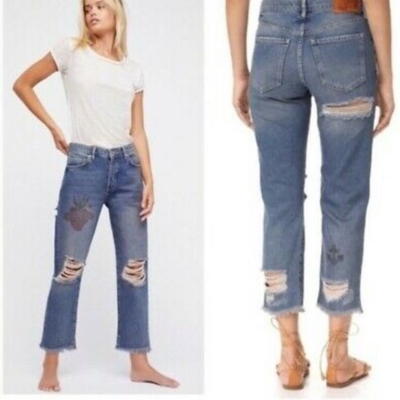 FREE PEOPLE Tattooed Print Ripped Boyfriend Jean - Picture 2 of 16